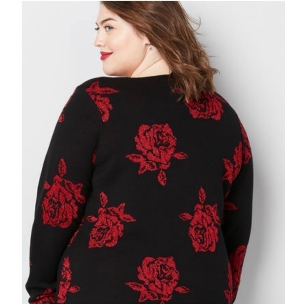 AVENUE Black Red Metallic Detail Rose Lightweight Sweater Whimsigoth Women 18/20 - Picture 6 of 12